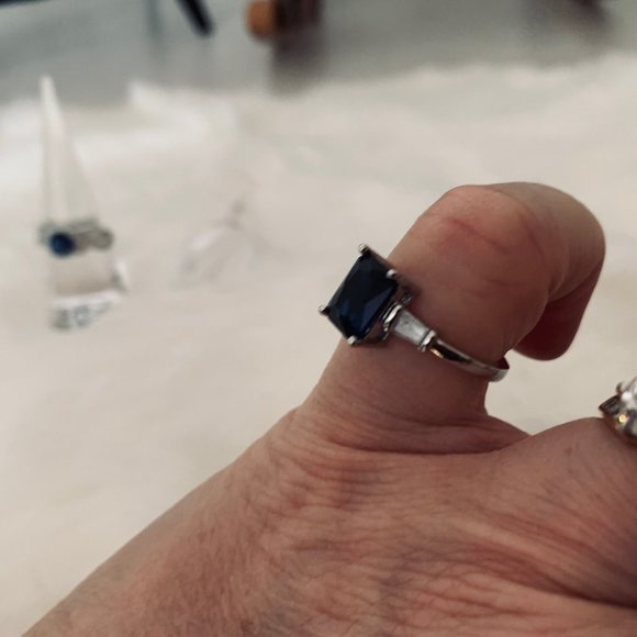 Two Silver Tone Fashion Rings with Blue and Clear Stone - Rectangle and Round - Picture 7 of 16